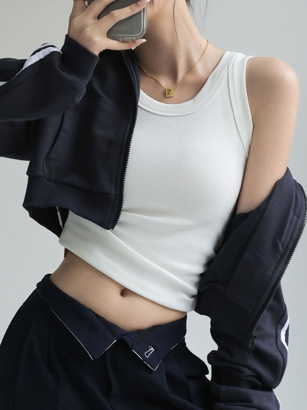 White Solid Ribbed Tank Top