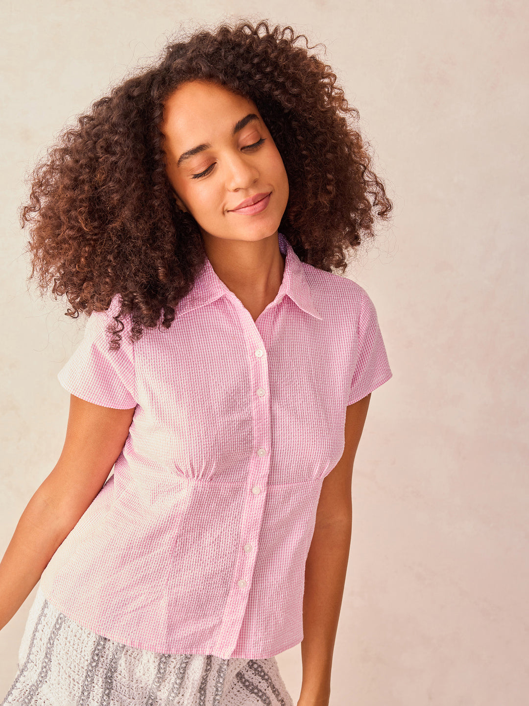 Pink Half Sleeve Fitted Check Shirt