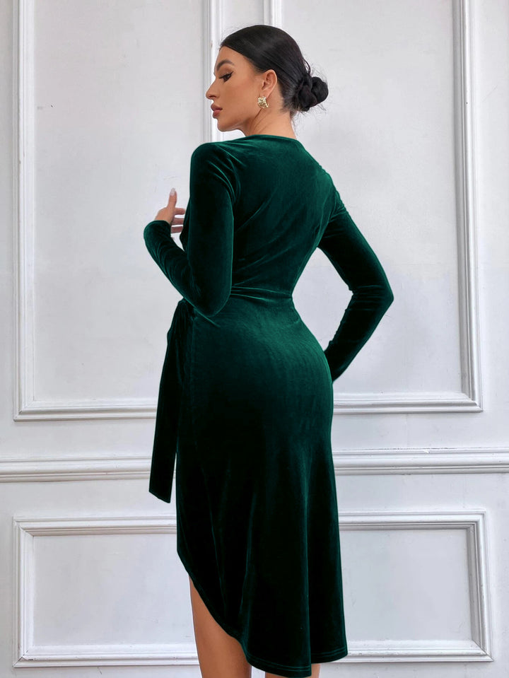 Green Full Sleeve Wrap Velour Dress