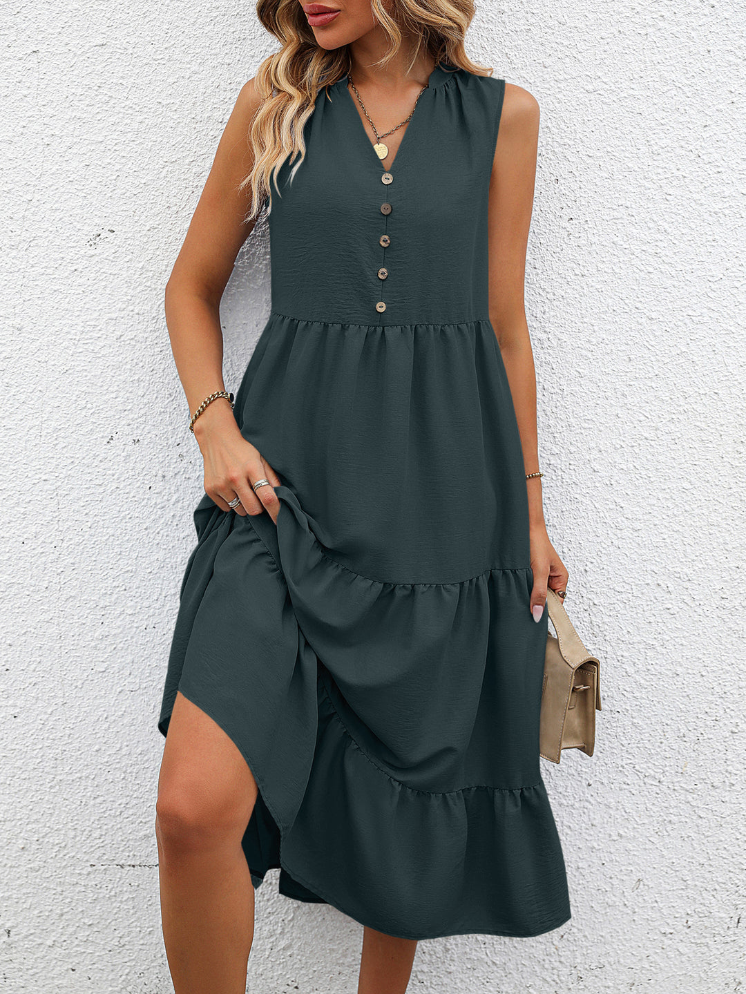 Grey Sleeveless V-Neck Dress