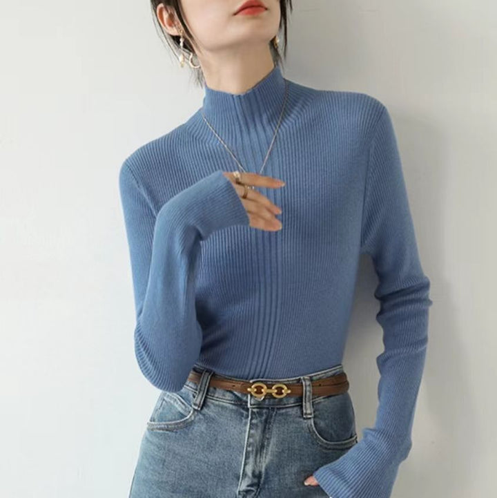 Blue Full Sleeve Mock Neck Fitted Sweater