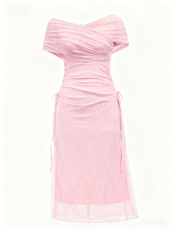 Pink Off Shoulder Mesh Detail Dress