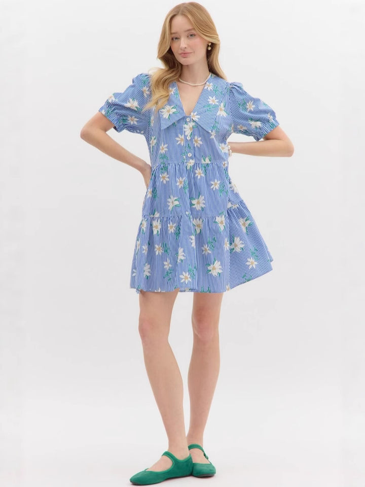 Blue Puff Sleeve Big Collared Dress