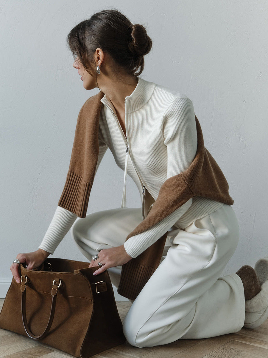 White Dual Zipper Solid Sweater