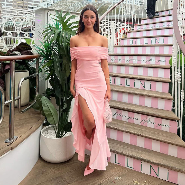 Pink Off-Shoulder Fitted Side Slit Dress