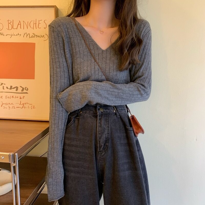 Plunge Neck Grey Knit Top