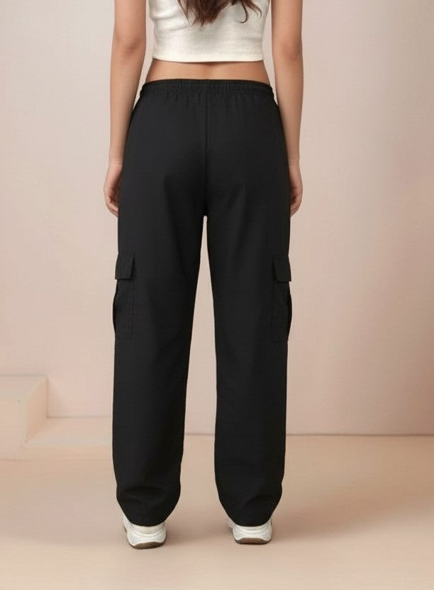 Black Cargo Pockets Drawstring Wid Leg Trouser