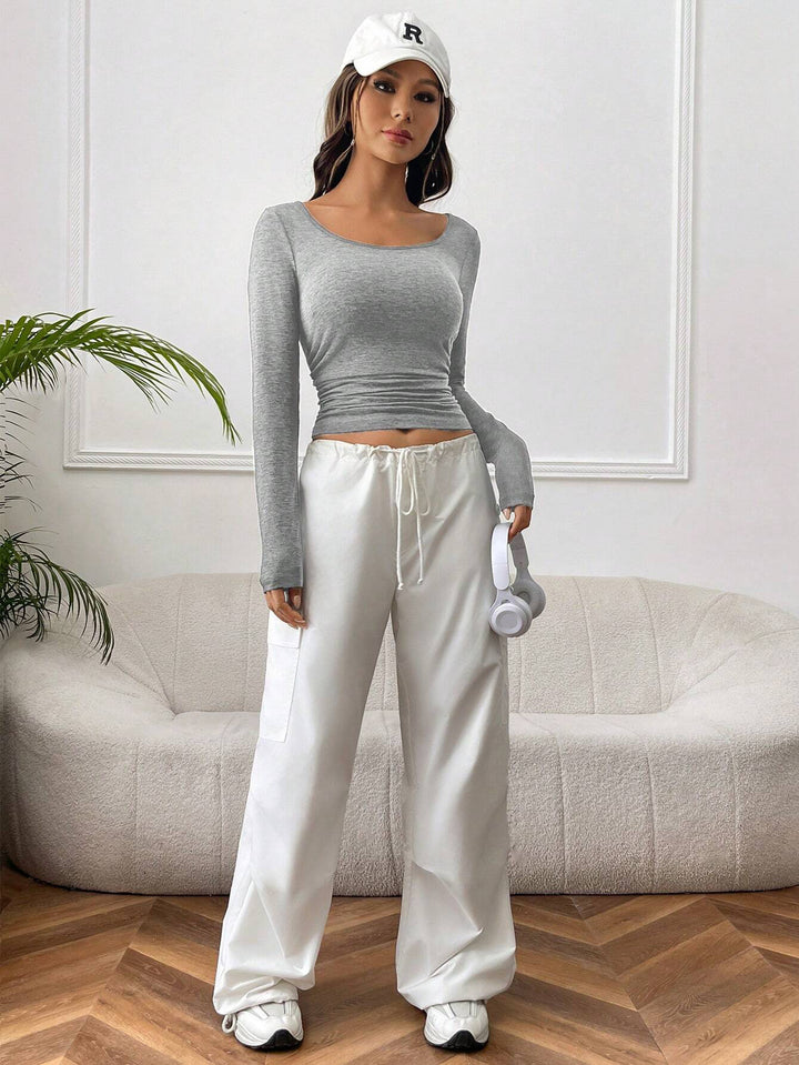 Grey Full Sleeved Scoop Neck Fitted Top