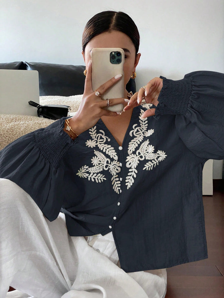 Navy Blue Bishop Sleeve V Neck Embroidered Top