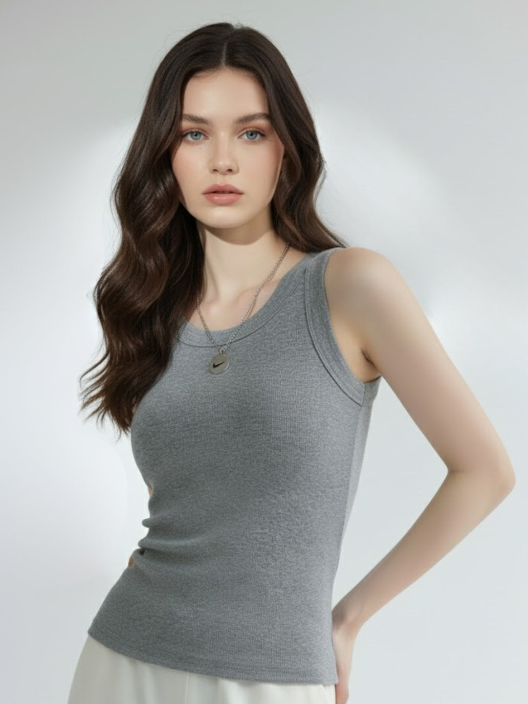 Grey Solid Ribbed Tank Top