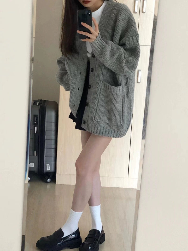 Grey Full Sleeve Double Pockets Slouchy Cardigans