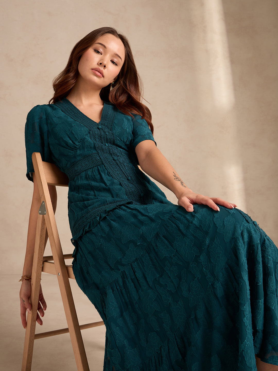 Teal Plunge Neck Jacquard Tiered Dress With Lace Detail