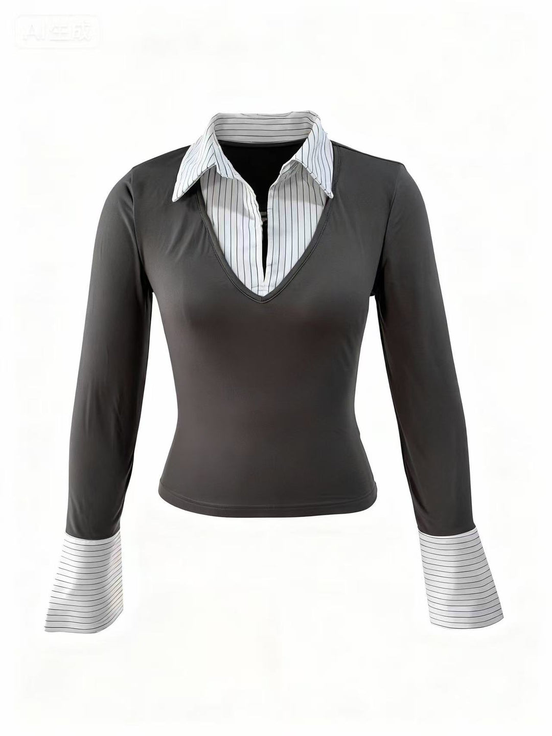 Grey Full Sleeve Contrast Collar Fitted Top