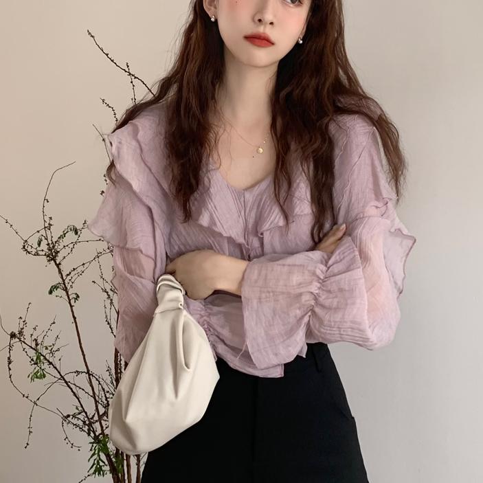 Purple V Neck Sheer Blouse