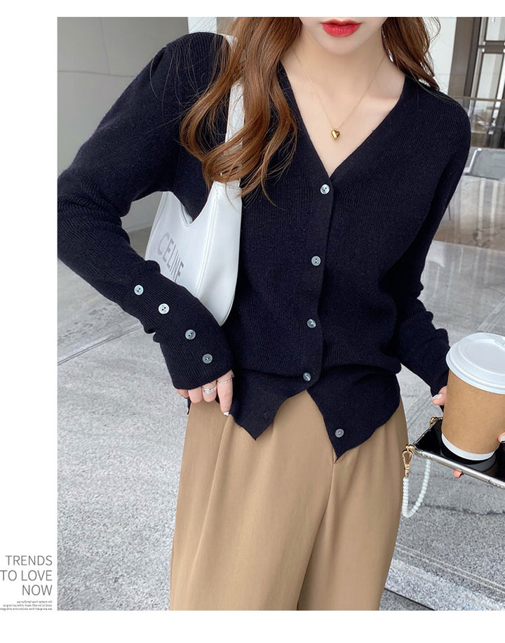 Navy Blue Full Sleeve V Neck Buttoned Cardigan