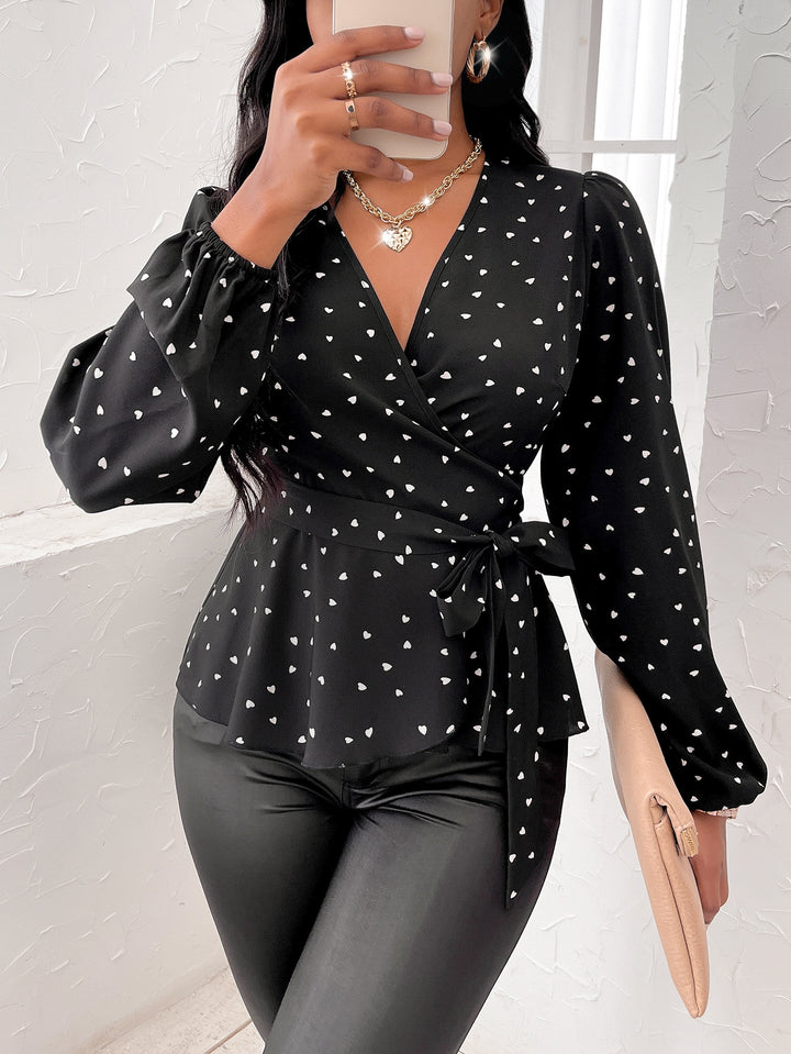 Black Puff Sleeve V Neck Belted Top