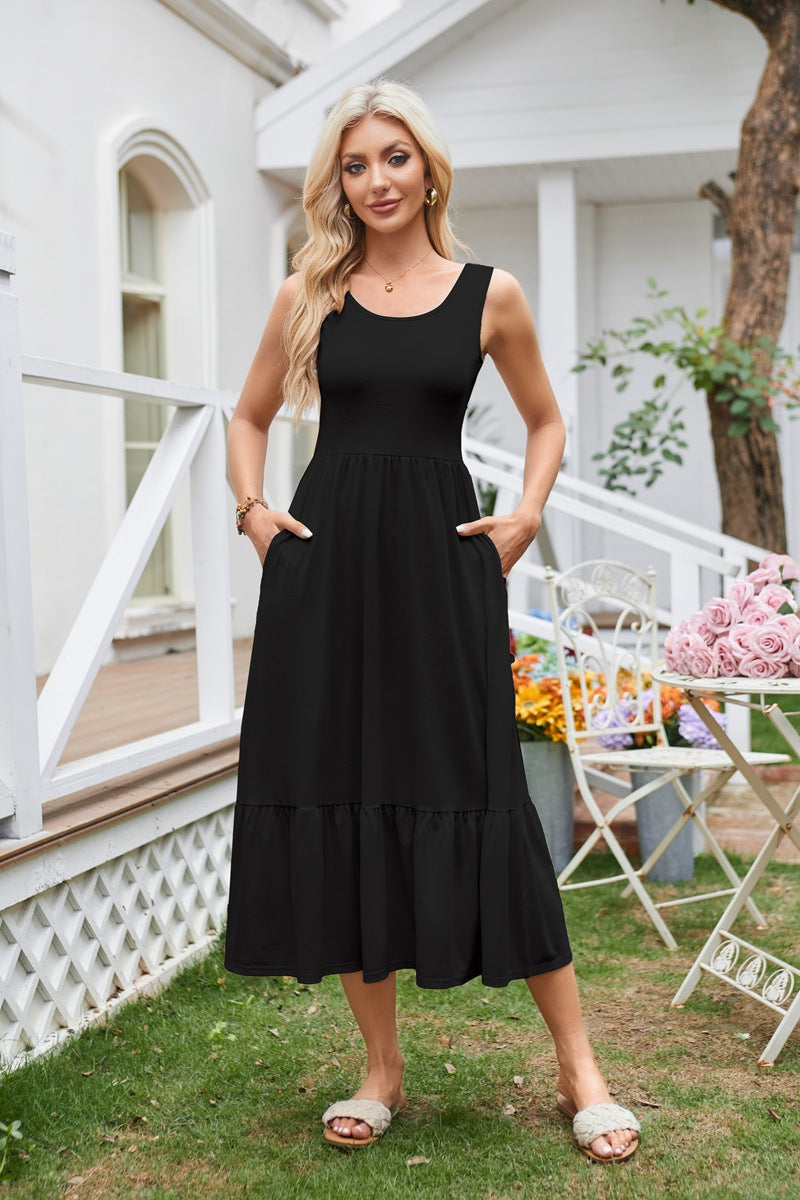 Black Sleeveless Tiered Dress With Pockets