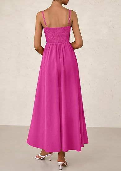 Magenta Strappy Square Neck Cinched Waist Dress With Pockets
