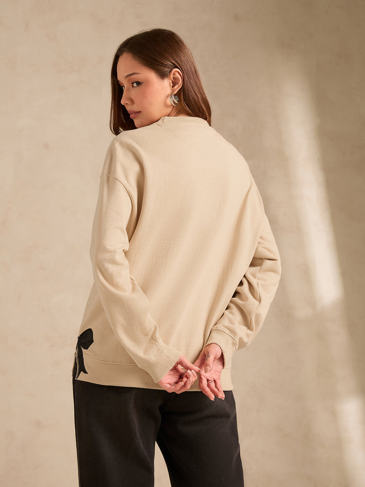 Beige Typographic Bow Sweatshirt