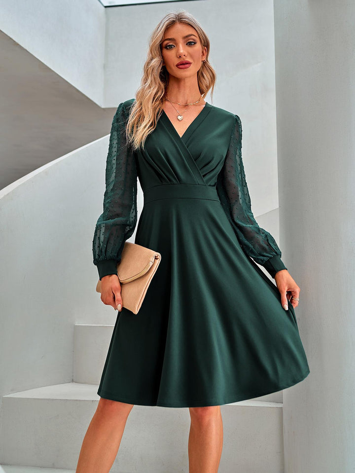 Dark Green Bishop Sleeve V Neck Waist Fitted Dress