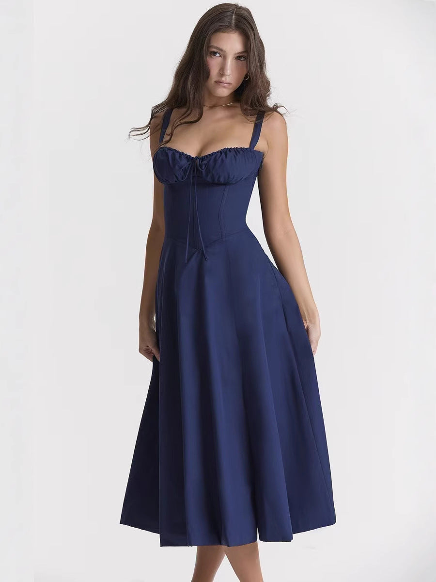 Navy Blue Strappy Corset Midi Dress