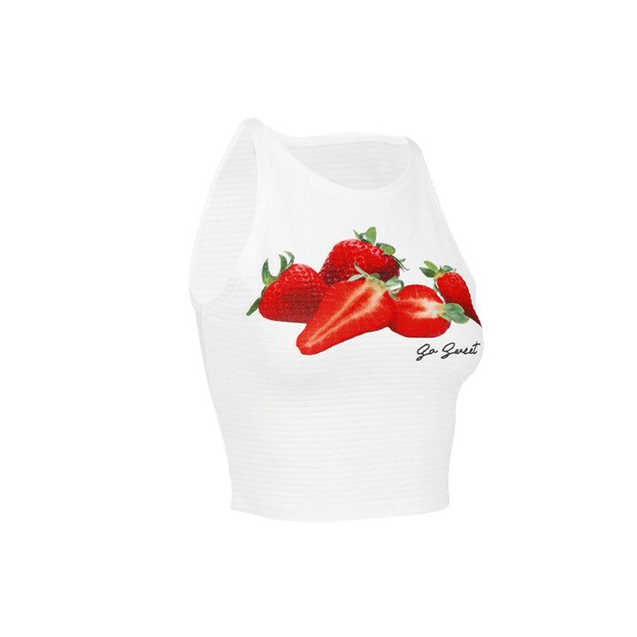 White Strawberry Printed Tank Top