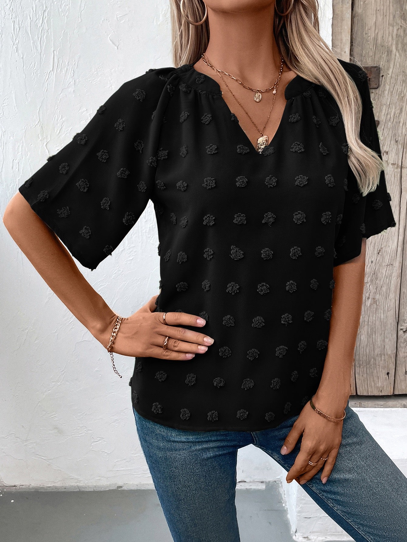 Black V- Neck Short Sleeve Top