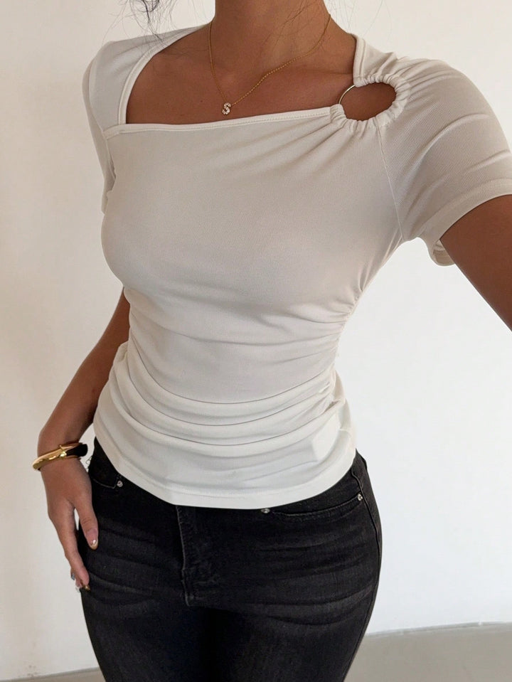 Off White Metal Buckle Short Sleeve Top