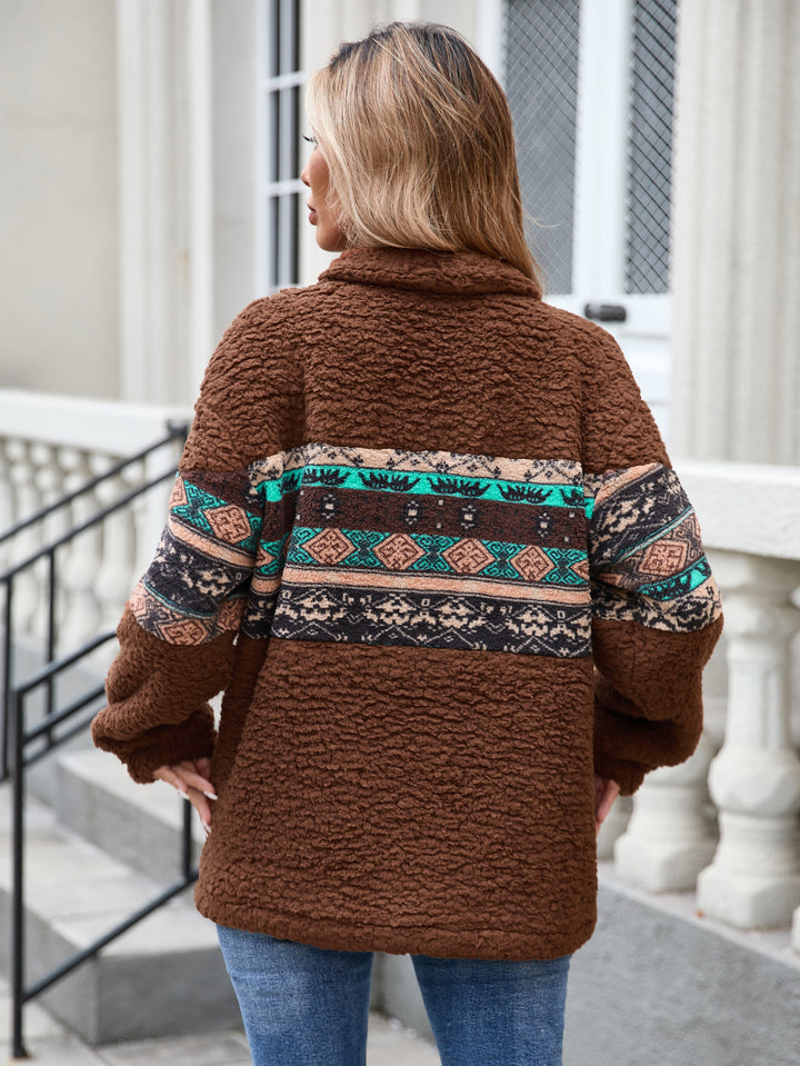 Brown Full Sleeve Half Zip Printed Sweatshirt