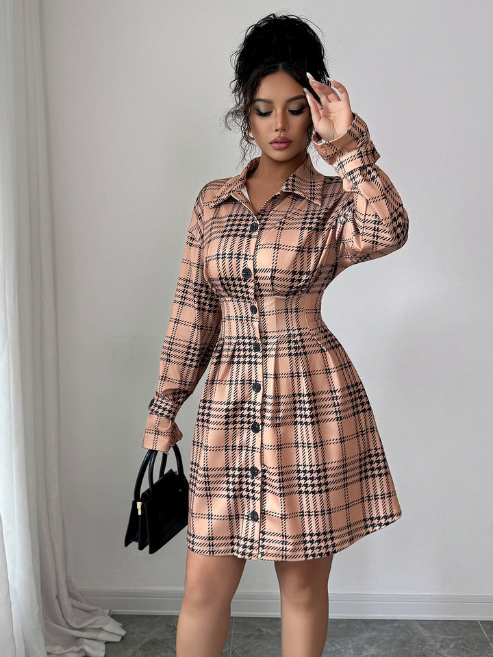 Beige Checkered Cinched Waist Dress