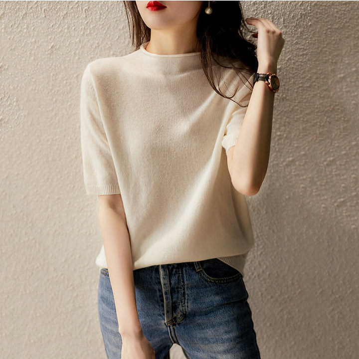 Cream Short Sleeve Mock Neck Relaxed Top