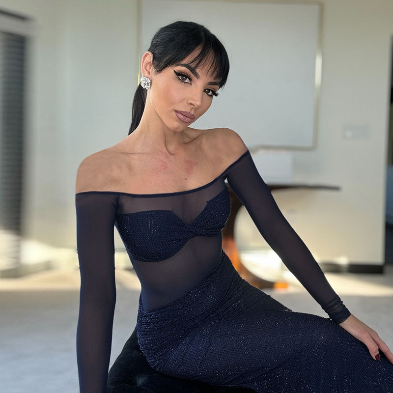 ★NOFFICIALNOFFICE★MULTI SHEER MESH LAYERD DRESS★正規品 Shop Blue Off-Shoulder Sheer Mesh Dress - for Women