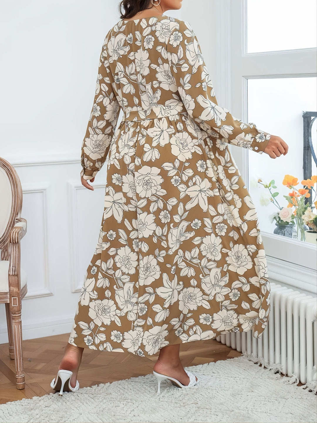 Brown Full Sleeve V Neck Slit Dress