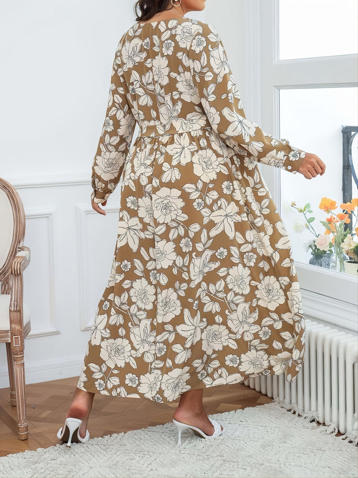 Brown Full Sleeve V Neck Slit Dress