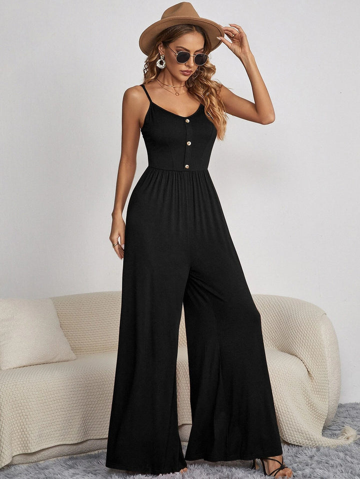 Black Shoulder Strap Front Button Jumpsuits