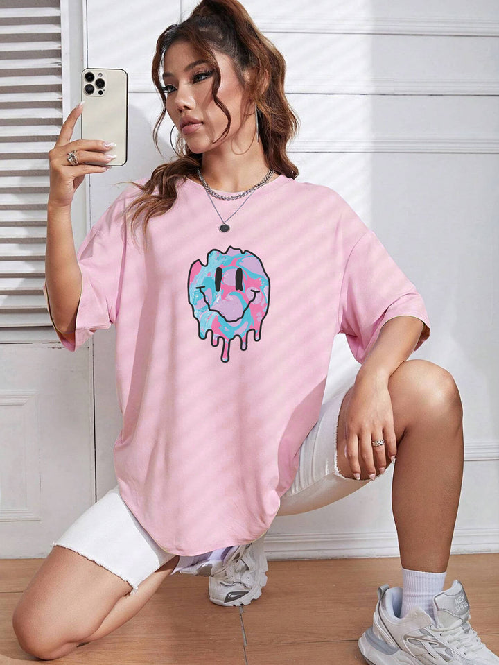 Pink Smiley Chest Print Graphic Tshirt