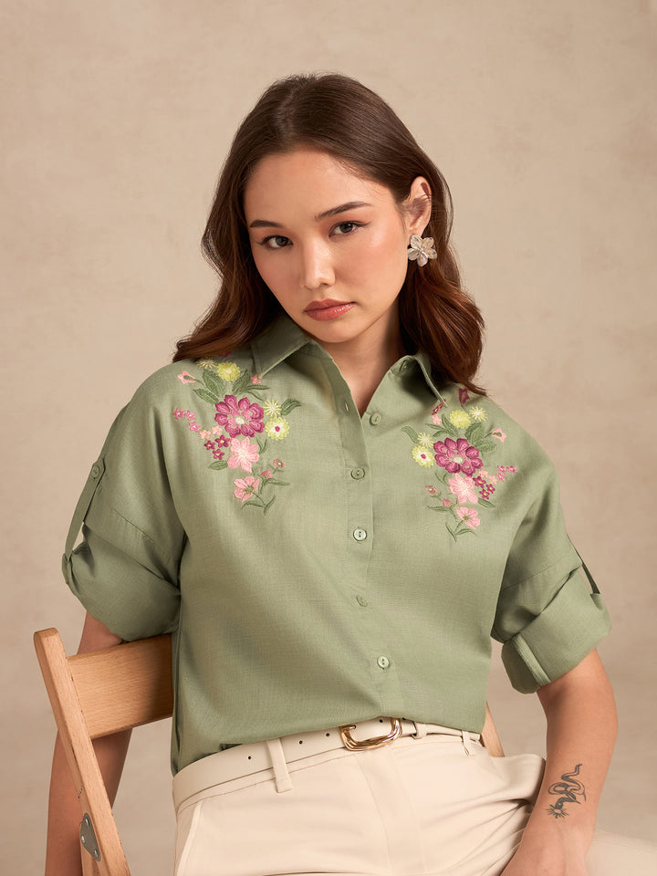 Green Floral Embroidered Shirt With Drop Shoulder