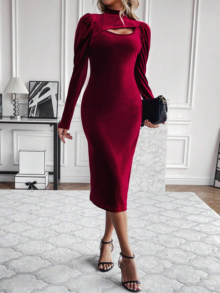 Wine Cut Out Full Sleeve Fitted Dress