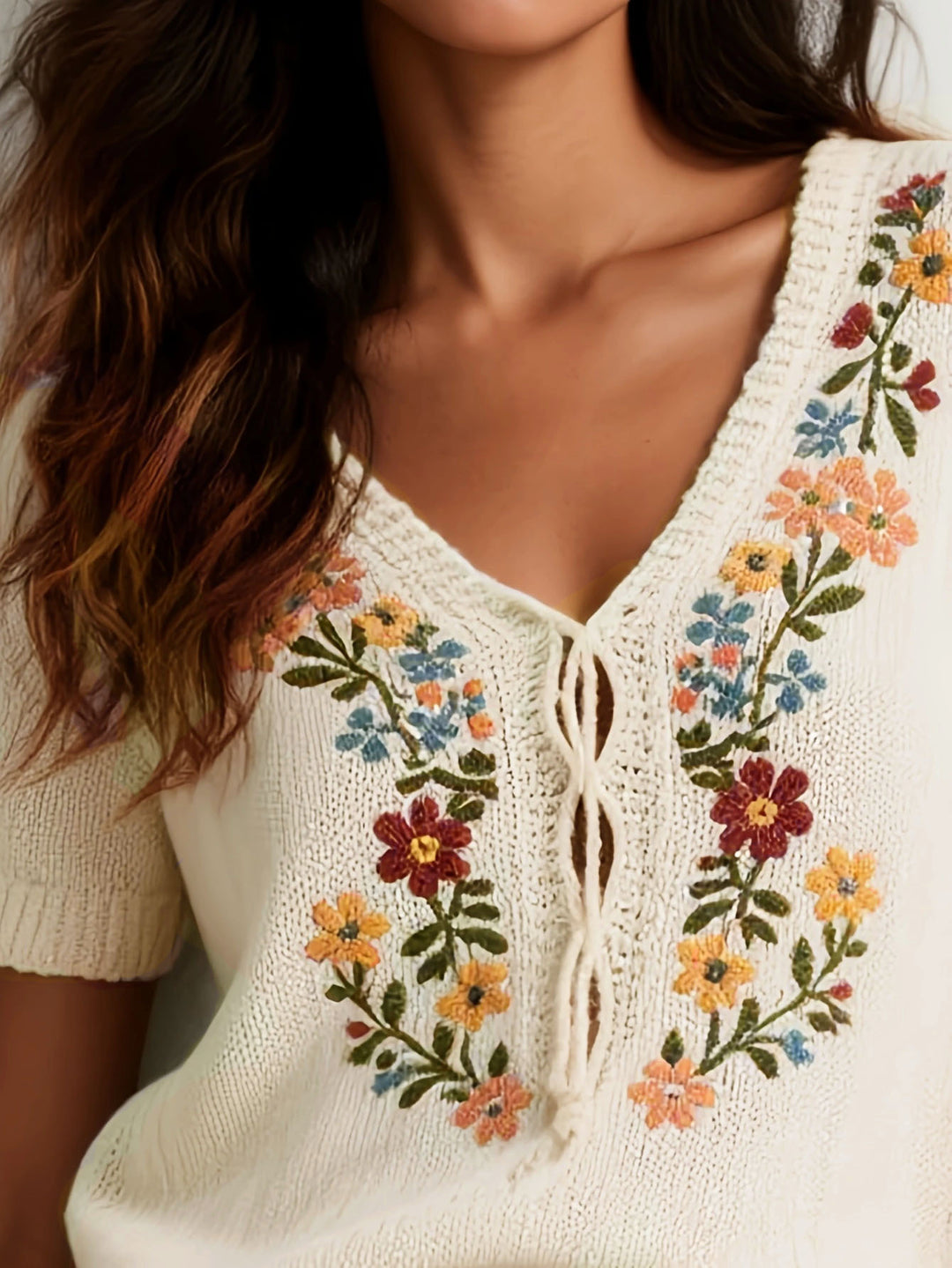 White Short Sleeve Embroidered Top