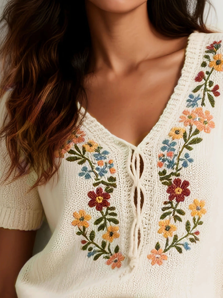 White Short Sleeve Embroidered Top