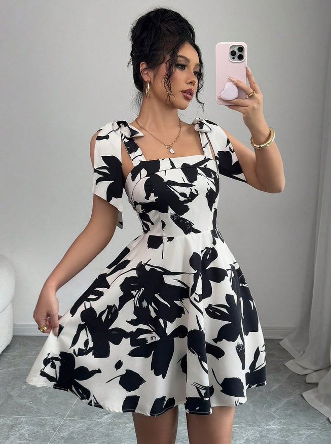 Black Shoulder Tie Up Waist Fitted Dress