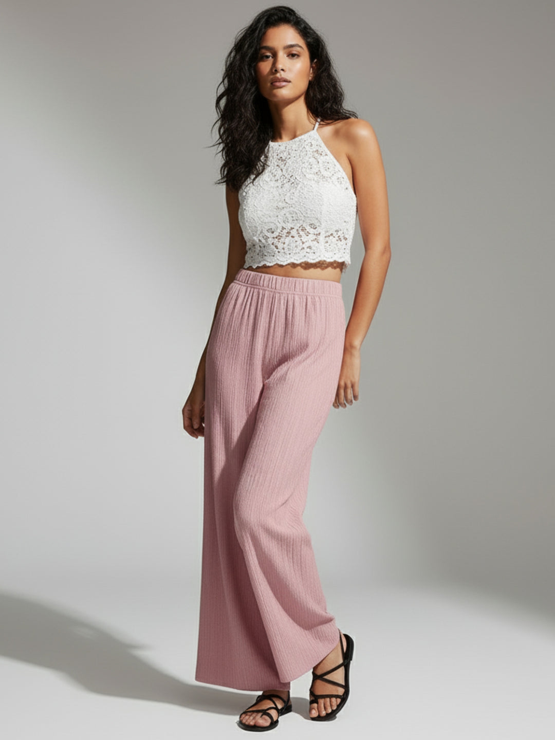 Pink Flat Waistband Textured Wide Leg Trouser