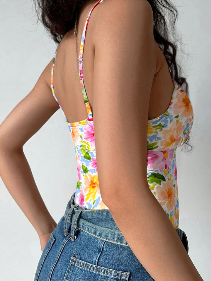 Multi Floral Printed Shoulder Strap Top