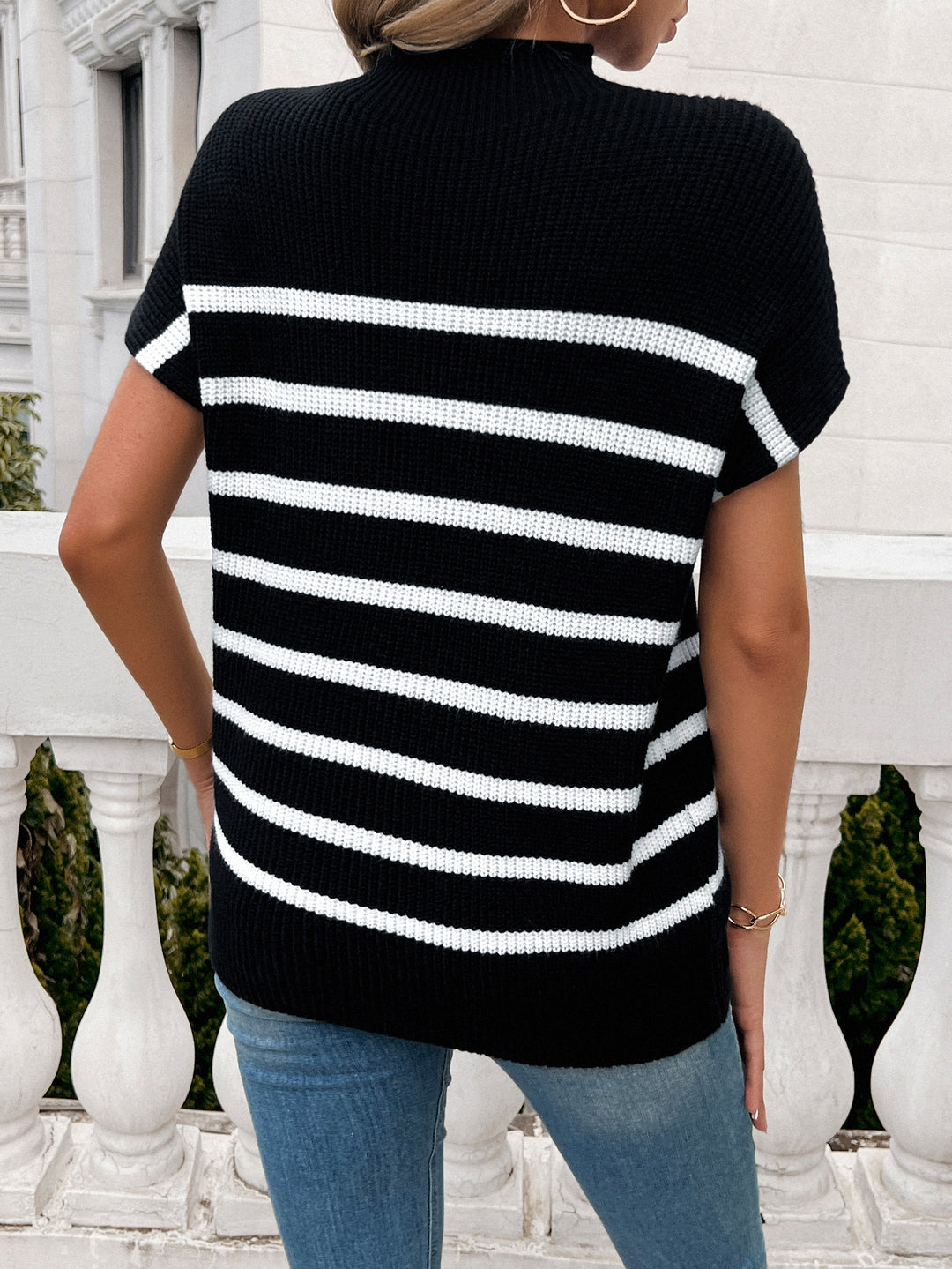 Black High Neck Striped Top