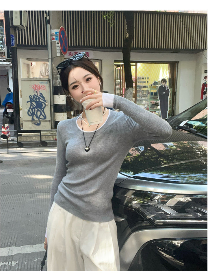 Grey Full Sleeve Contrast Hem Top