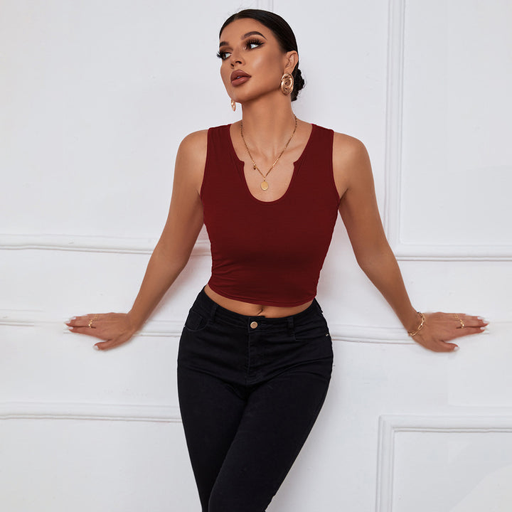 Wine Sleeveless U-Cut Out Neck Top