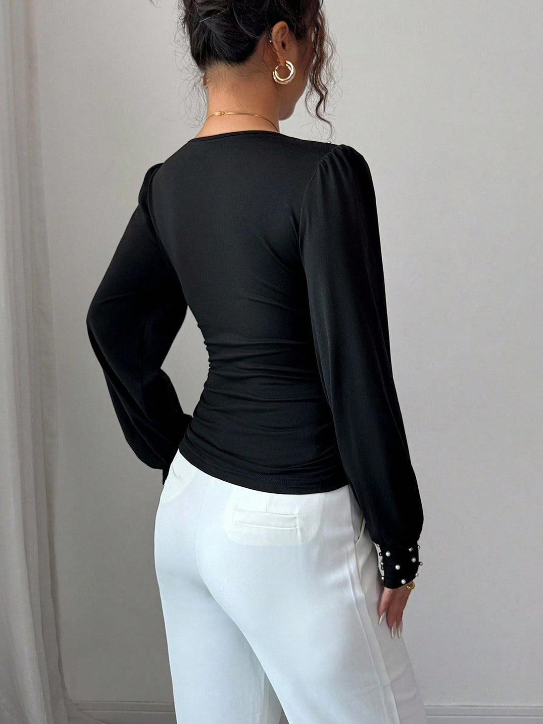 Black Full Sleeve V Neck Studded Top