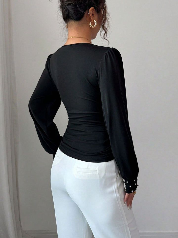 Black Full Sleeve V Neck Studded Top