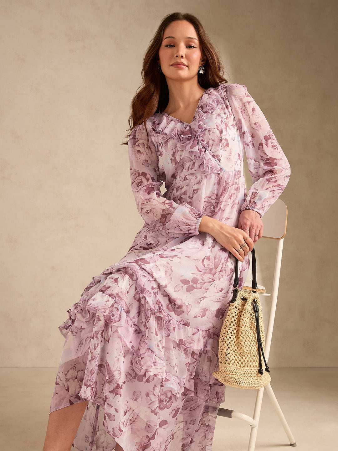 Pink Maxi Length V Length Printed Dress With Tiers