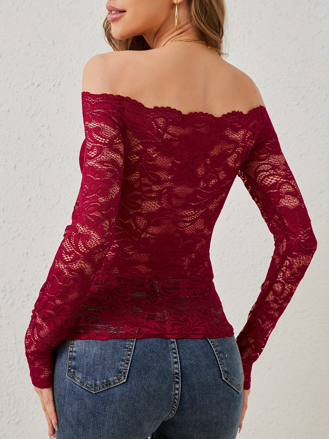 Wine Off Shoulder Mesh Fitted Top